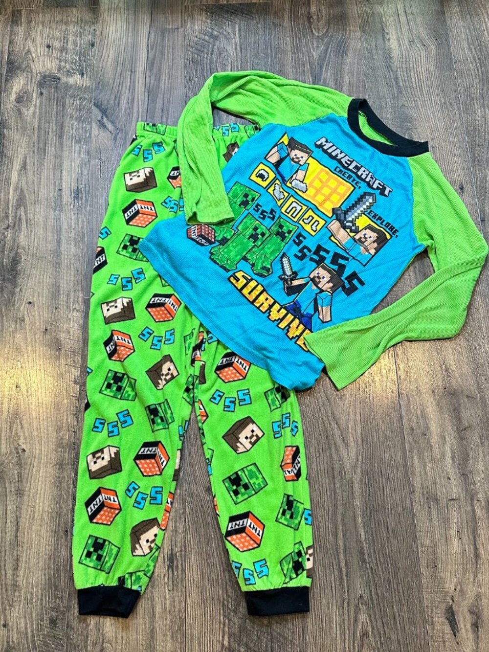 GUC Kid's Minecraft Green Fleece & Thermal Long Sleeve Pajamas, Size: L 12/14